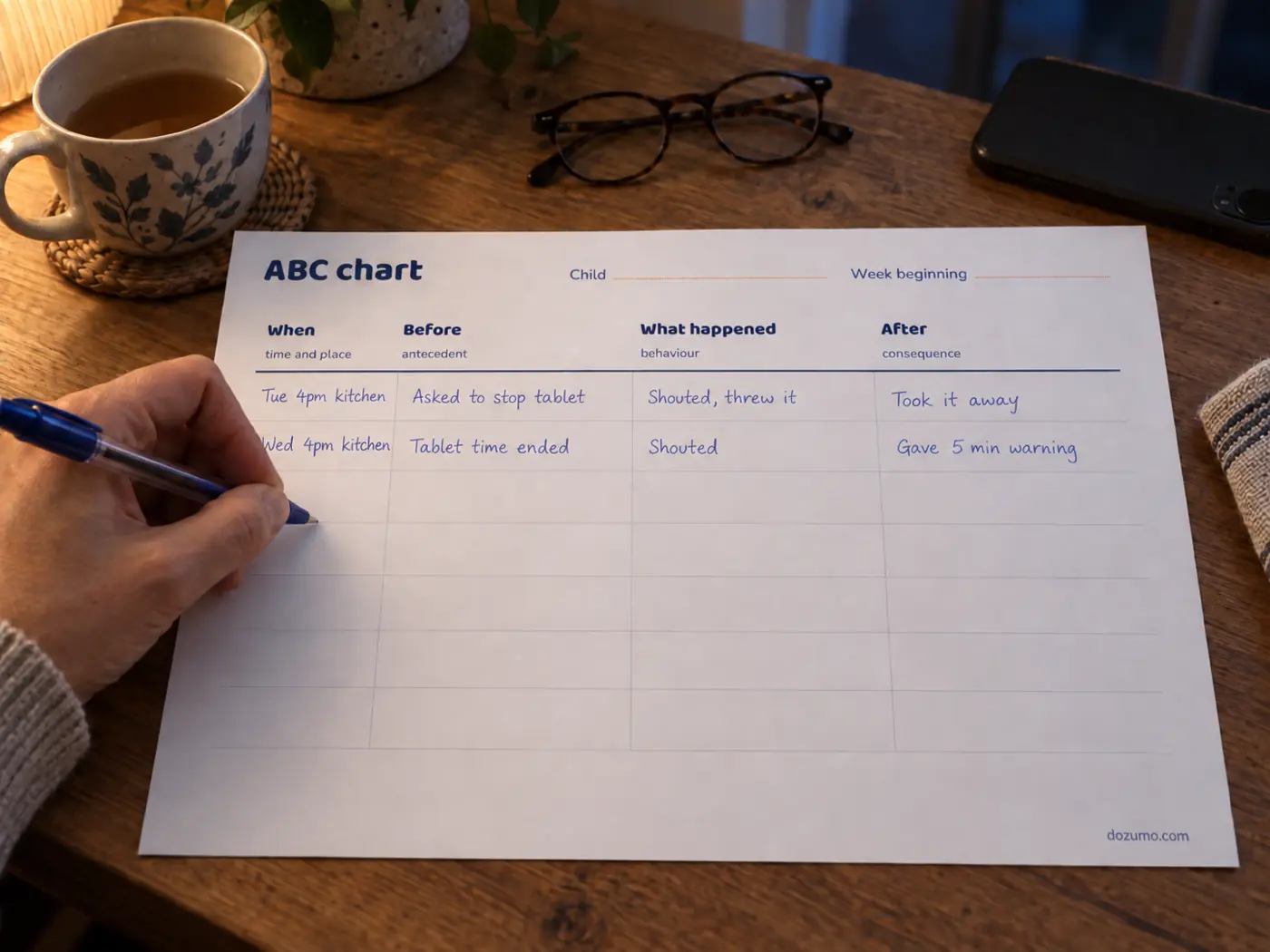 A printed ABC chart being filled in by hand at a kitchen table in the evening, two incidents recorded across the When, Before, What happened and After columns