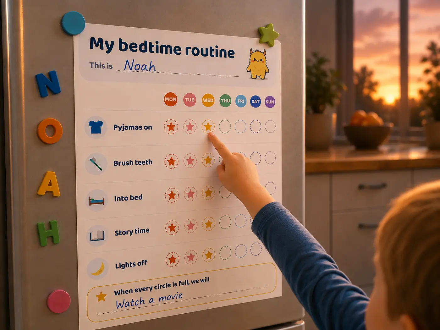 A printed bedtime routine chart on a fridge door, part filled in with stars, a child reaching up to mark off Wednesday