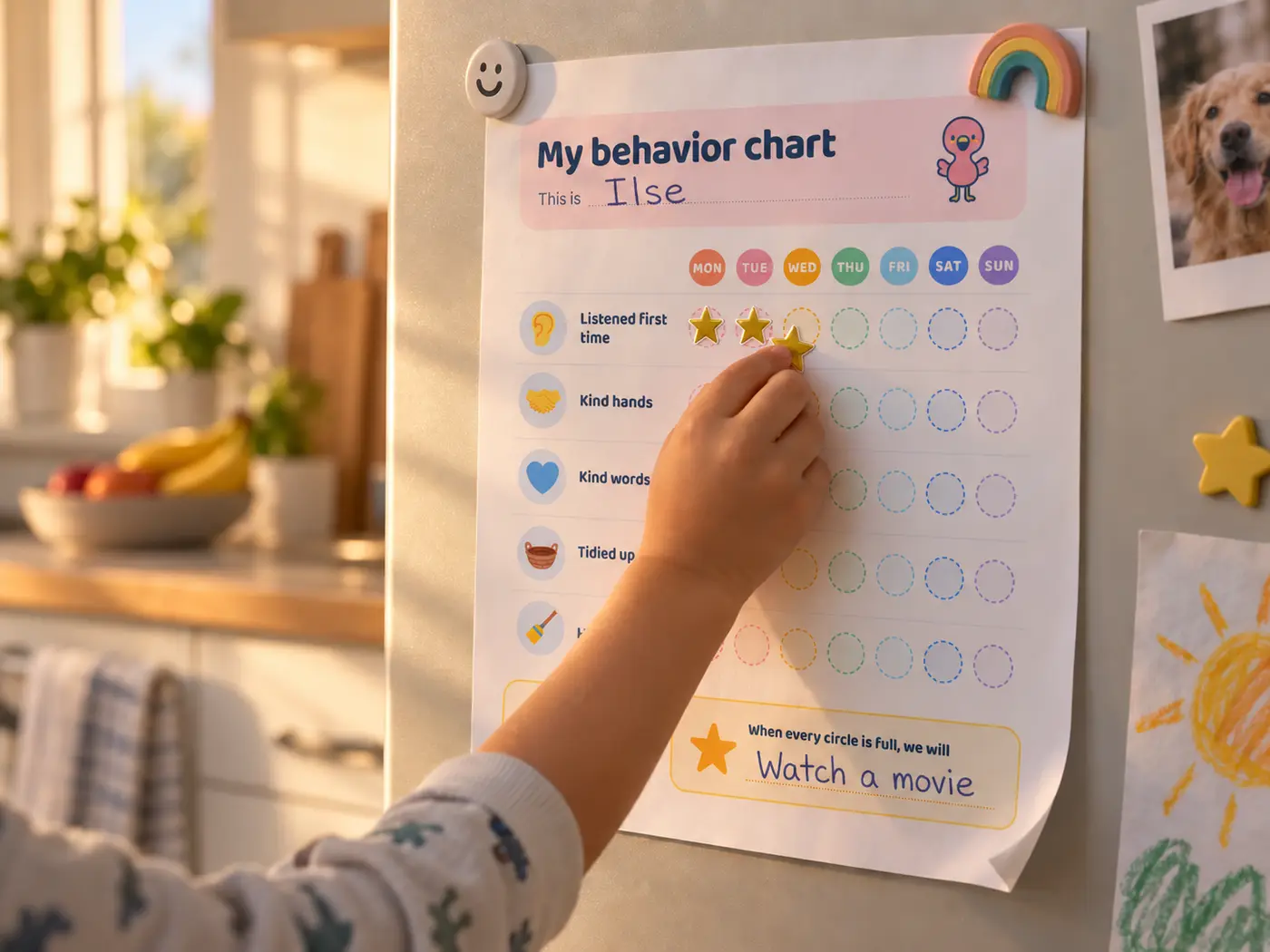 A printed behavior chart on a fridge door, a child pressing a gold star sticker onto Wednesday next to Listened first time