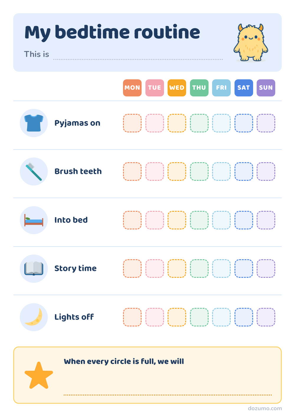 My bedtime routine: a printable bedtime routine chart with Mozumo, a friendly yellow monster, and 5 steps: Pyjamas on, Brush teeth, Into bed, Story time, Lights off, with 7 columns to mark off (Mon, Tue, Wed, Thu, Fri, Sat, Sun).
