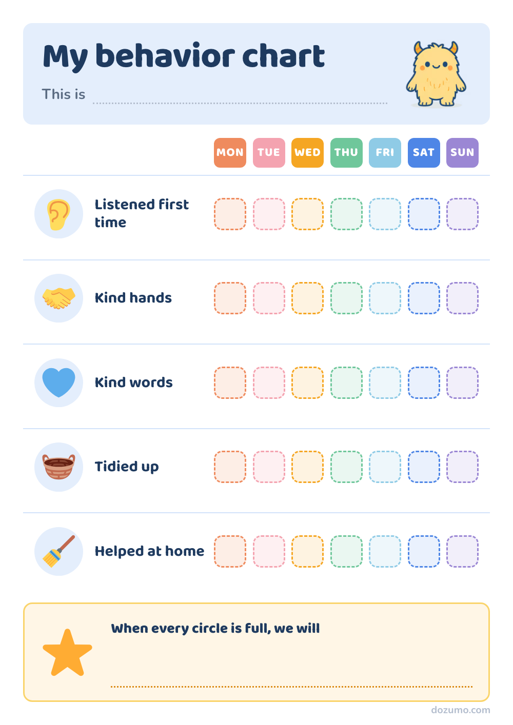 My behavior chart: a printable behavior chart chart with Mozumo, a friendly yellow monster, and 5 steps: Listened first time, Kind hands, Kind words, Tidied up, Helped at home, with 7 columns to mark off (Mon, Tue, Wed, Thu, Fri, Sat, Sun).