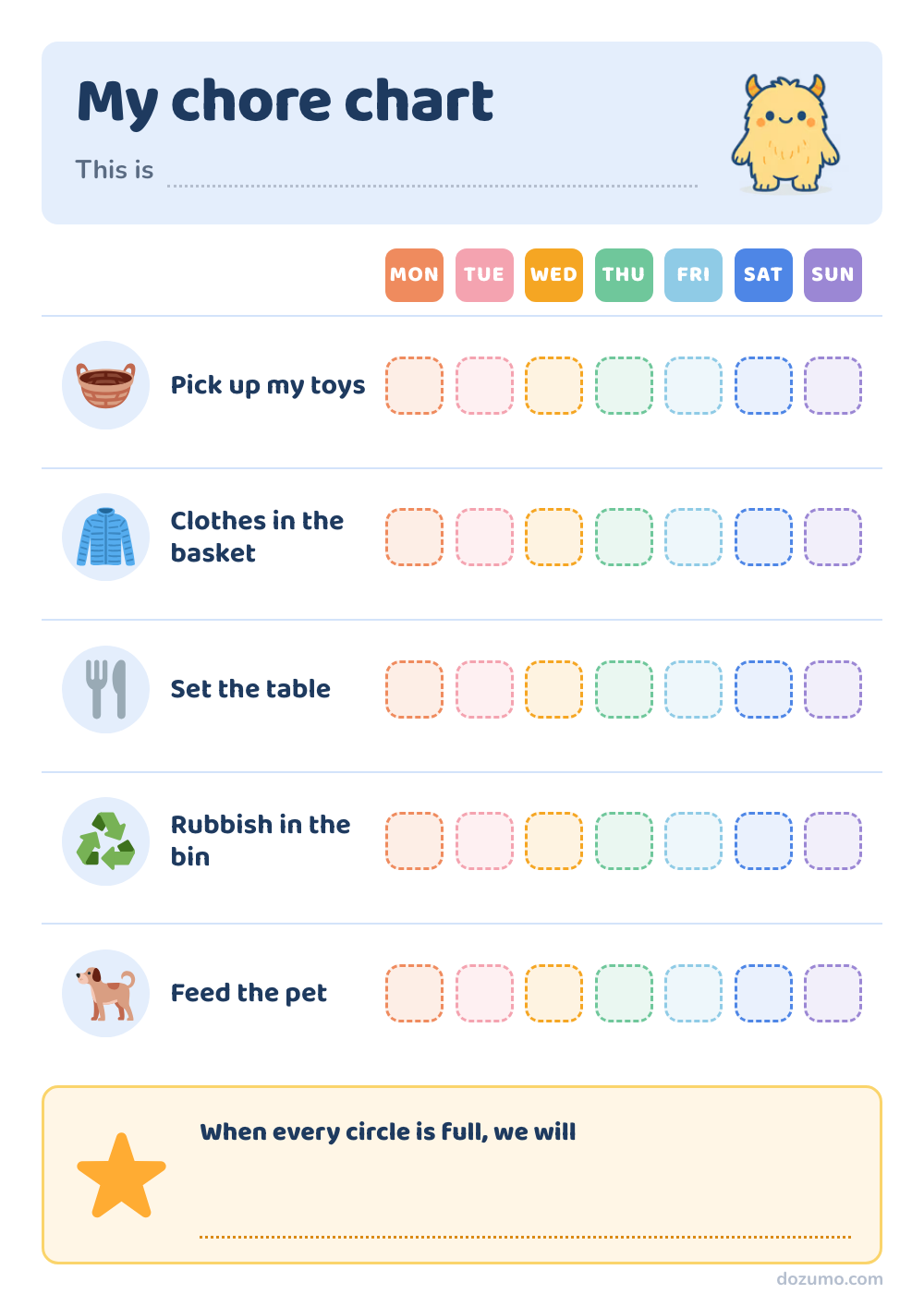 My chore chart: a printable chore chart chart with Mozumo, a friendly yellow monster, and 5 steps: Pick up my toys, Clothes in the basket, Set the table, Rubbish in the bin, Feed the pet, with 7 columns to mark off (Mon, Tue, Wed, Thu, Fri, Sat, Sun).