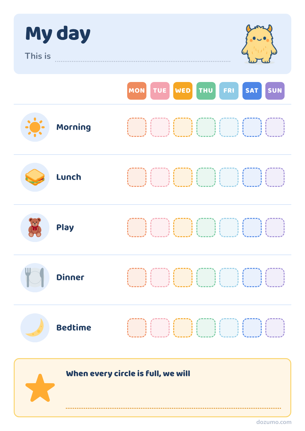 My day: a printable day chart with Mozumo, a friendly yellow monster, and 5 steps: Morning, Lunch, Play, Dinner, Bedtime, with 7 columns to mark off (Mon, Tue, Wed, Thu, Fri, Sat, Sun).