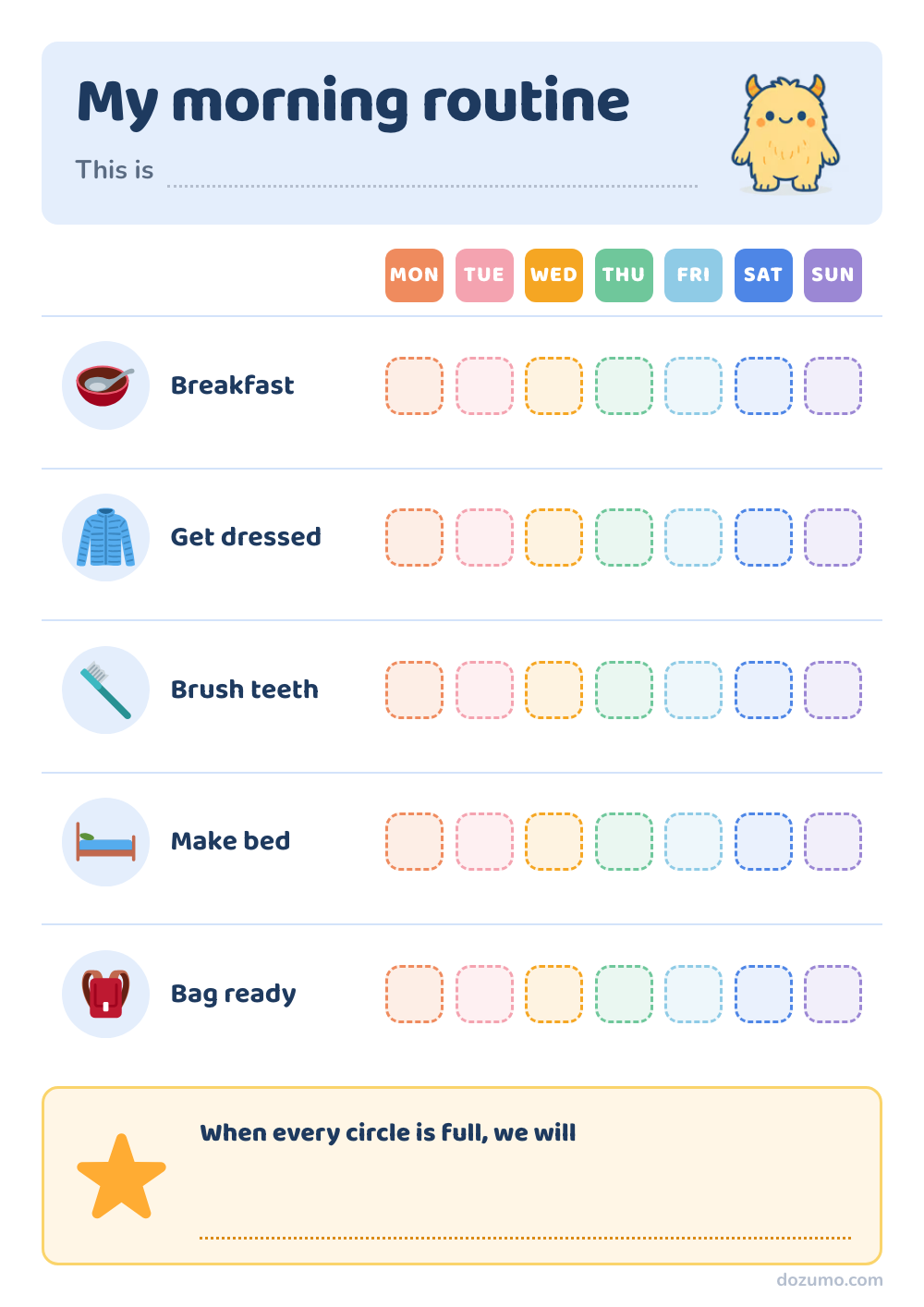 My morning routine: a printable morning routine chart with Mozumo, a friendly yellow monster, and 5 steps: Breakfast, Get dressed, Brush teeth, Make bed, Bag ready, with 7 columns to mark off (Mon, Tue, Wed, Thu, Fri, Sat, Sun).