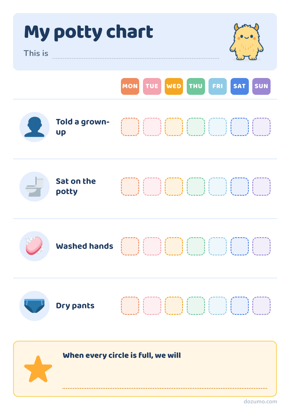 My potty chart: a printable potty chart chart with Mozumo, a friendly yellow monster, and 4 steps: Told a grown-up, Sat on the potty, Washed hands, Dry pants, with 7 columns to mark off (Mon, Tue, Wed, Thu, Fri, Sat, Sun).