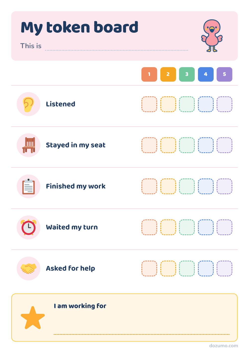 My token board: a printable token board chart with Flazumo, a pink flamingo, and 5 steps: Listened, Stayed in my seat, Finished my work, Waited my turn, Asked for help, with 5 columns to mark off (1, 2, 3, 4, 5).