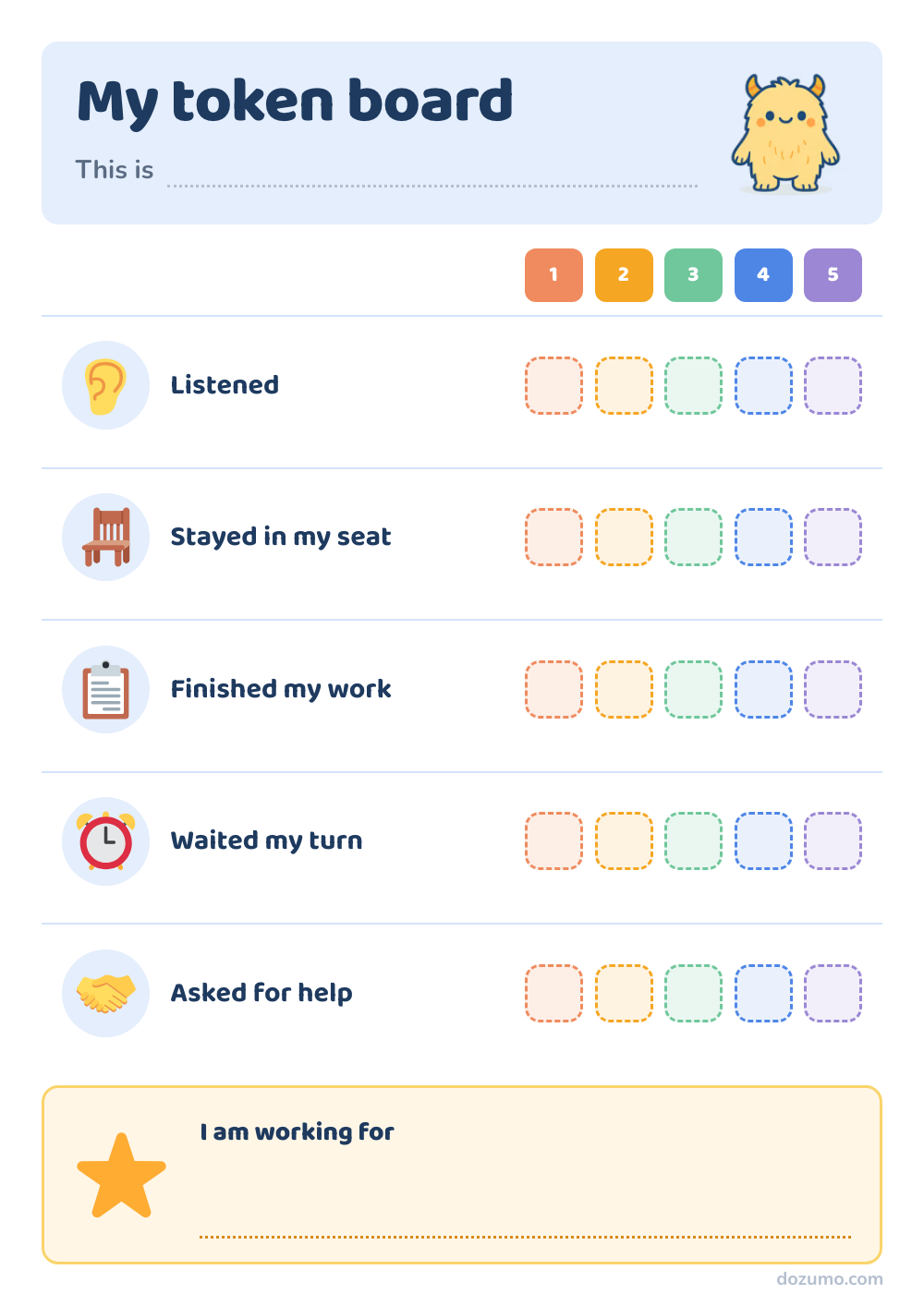 My token board: a printable token board chart with Mozumo, a friendly yellow monster, and 5 steps: Listened, Stayed in my seat, Finished my work, Waited my turn, Asked for help, with 5 columns to mark off (1, 2, 3, 4, 5).