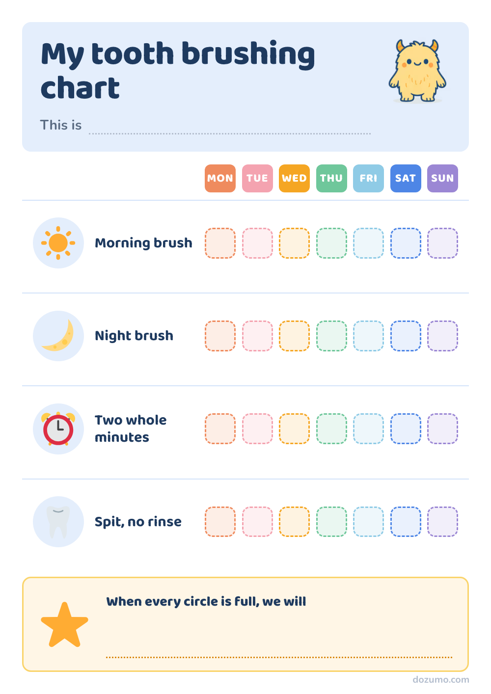 My tooth brushing chart: a printable tooth brushing chart chart with Mozumo, a friendly yellow monster, and 4 steps: Morning brush, Night brush, Two whole minutes, Spit, no rinse, with 7 columns to mark off (Mon, Tue, Wed, Thu, Fri, Sat, Sun).