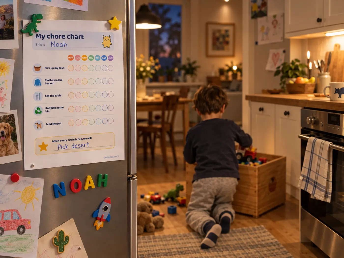 A printed chore chart held to a fridge with magnets among children's drawings, a child putting toys into a wooden box in the kitchen behind