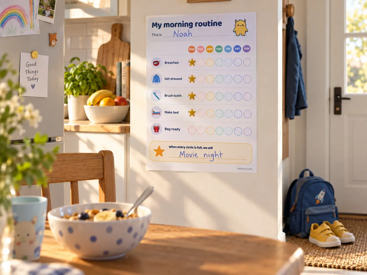 A printed morning routine chart on a kitchen wall by the front door, a breakfast bowl on the table and a backpack and shoes waiting by the door