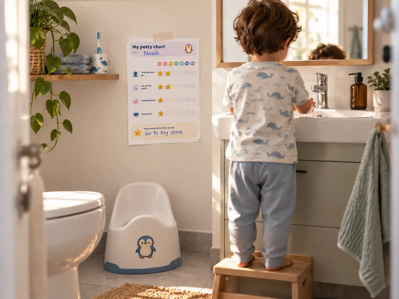 A printed potty chart taped to a bathroom wall beside a potty, a toddler on a step stool washing their hands at the basin