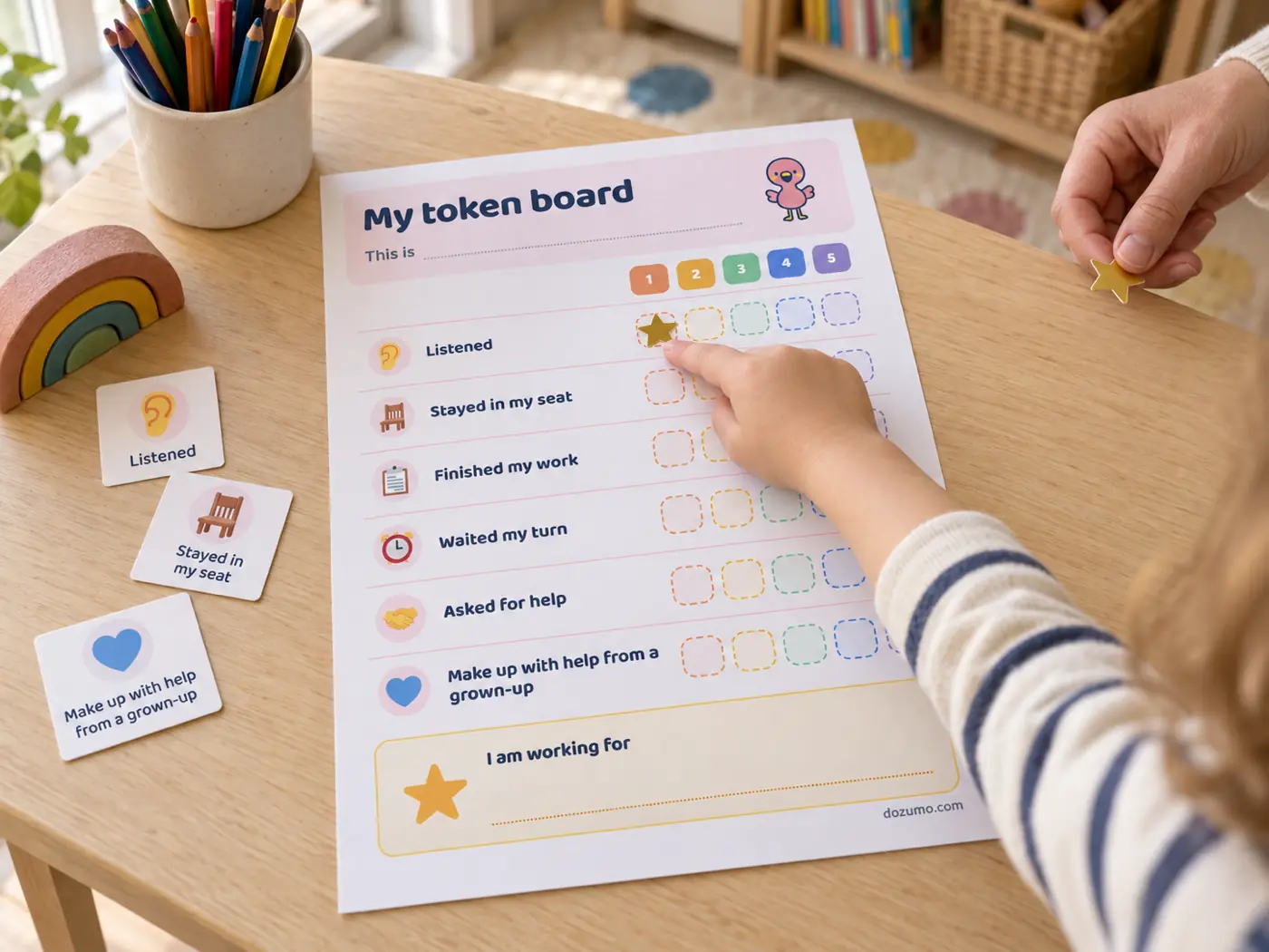 A printed token board on a playroom table, a child pressing the first gold star token onto the Listened row while an adult holds out the next one