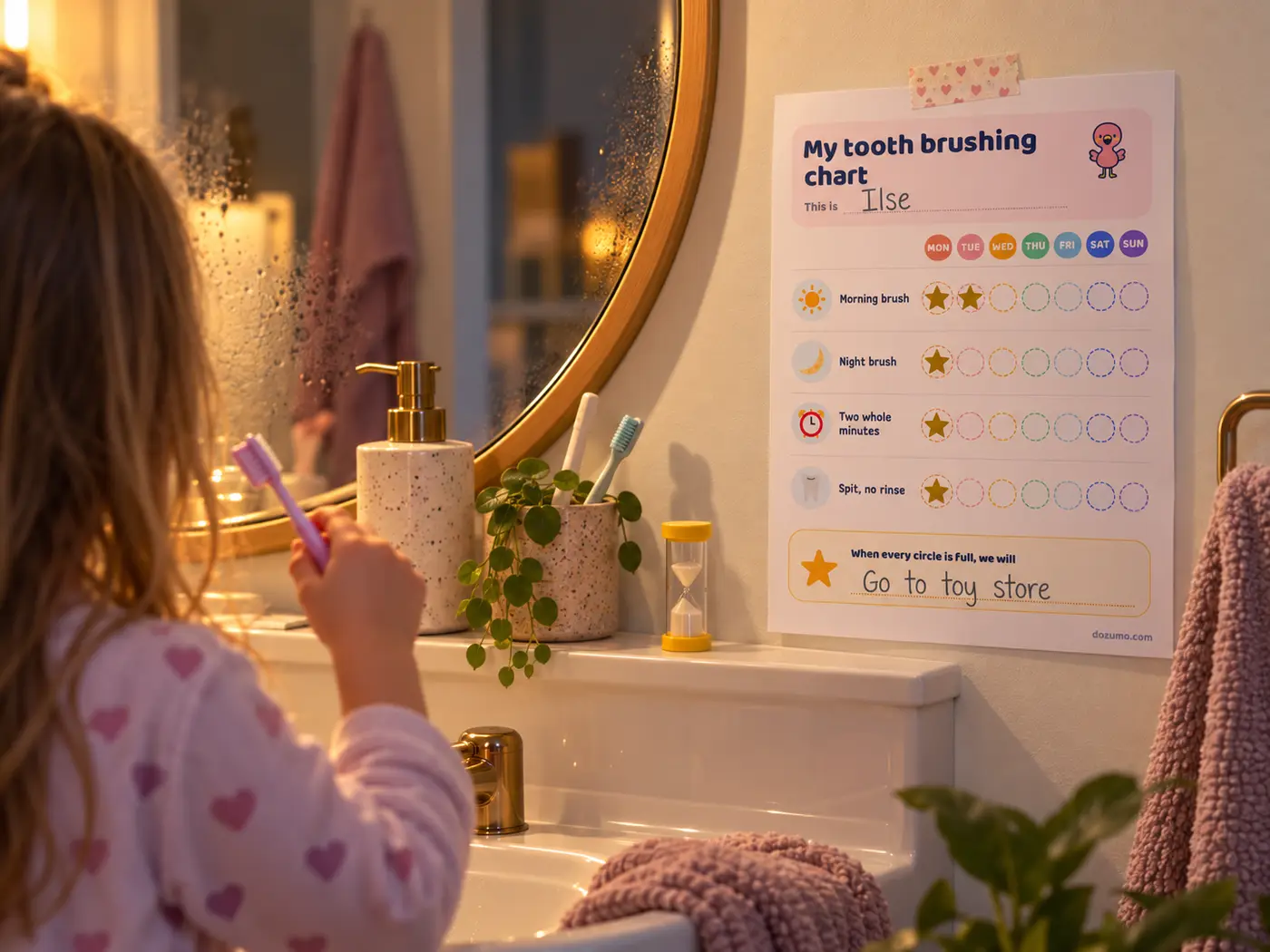 A printed tooth brushing chart taped beside a bathroom mirror, a child holding a toothbrush with a sand timer on the shelf below