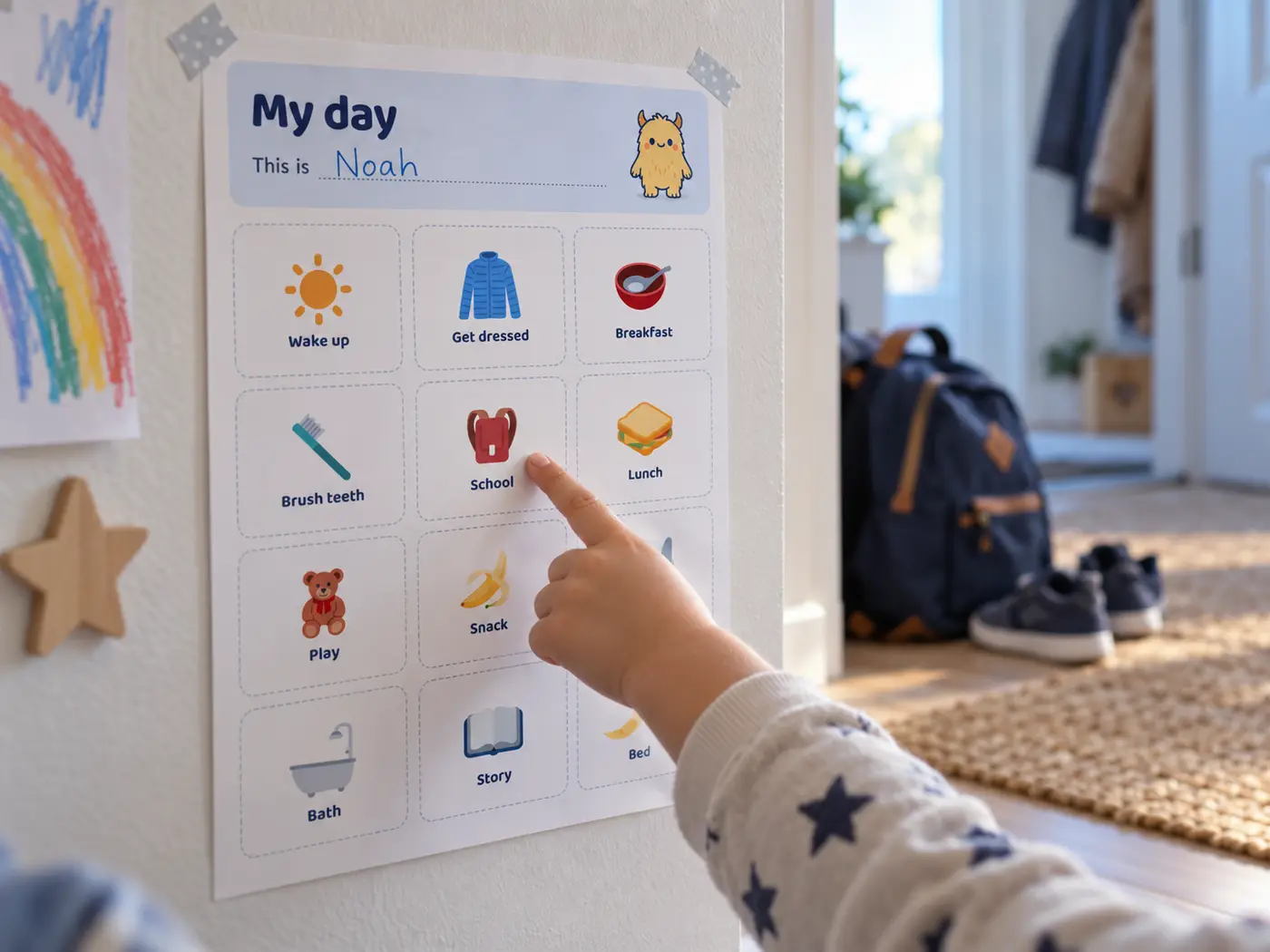 A printed visual schedule taped to a wall at child height, a child pointing at the School card, with a backpack and shoes by the front door
